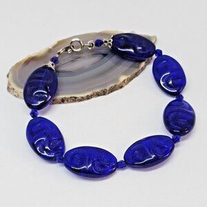 Cobalt Blue Etched Glass Bracelet Carved Oval Glass Beads Artisan Boho Statement